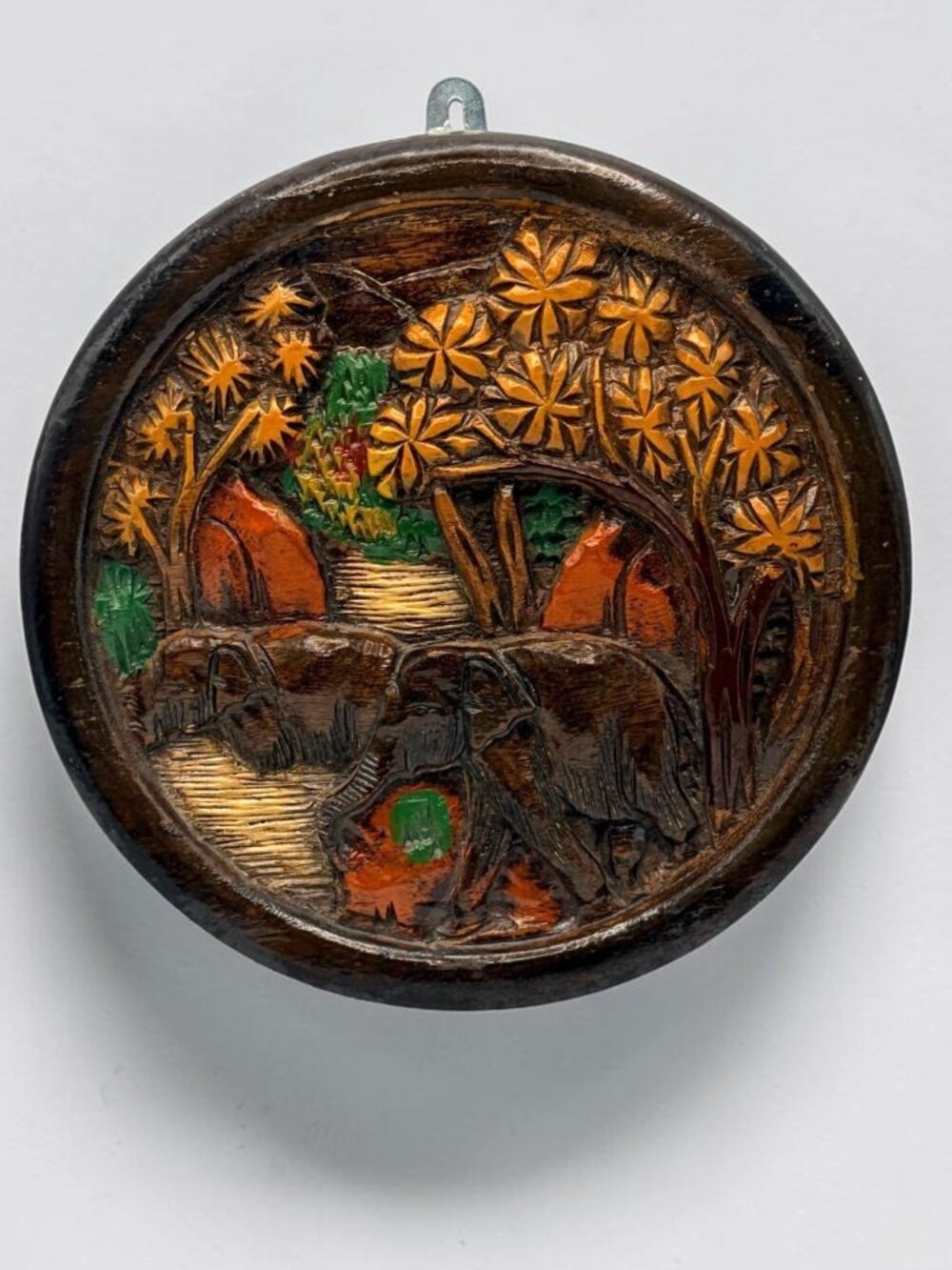 Vintage Carved Wood Elephant Wall Plaque Painted Jungle Scene Round Decor 10"